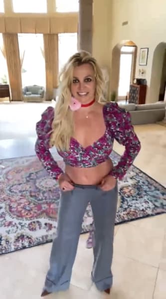 Britney Spears Shares Her Baby Bump in a Purple Blouse