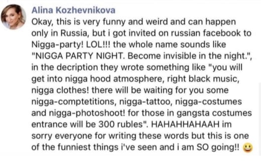 Alina Kasha FB n-word party "only in Russia"