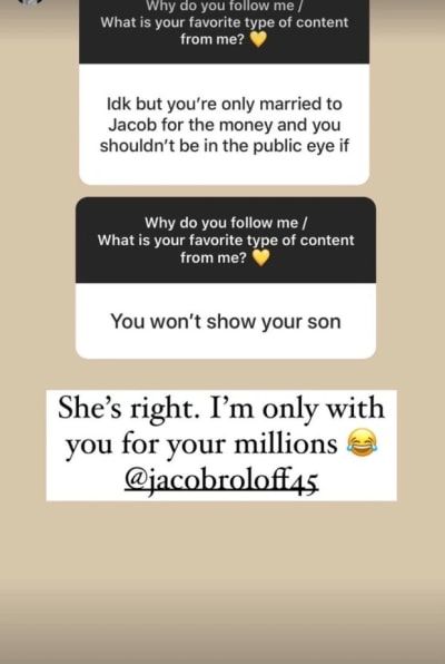 Isabel Roloff IG - reply to "only married Jacob for the money"