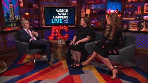Andy Cohen with Aidy Bryant and Emily Simpson WWHL