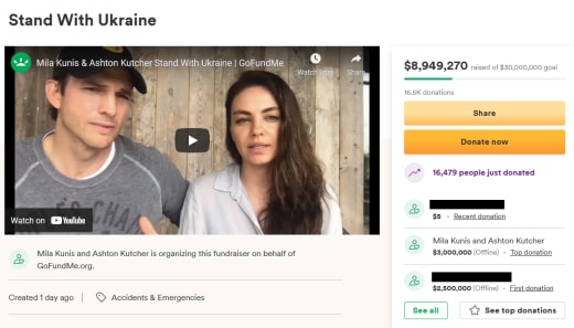 Mila Kunis and Ashton Kutcher gofundme for Ukraine (4 March 2022)