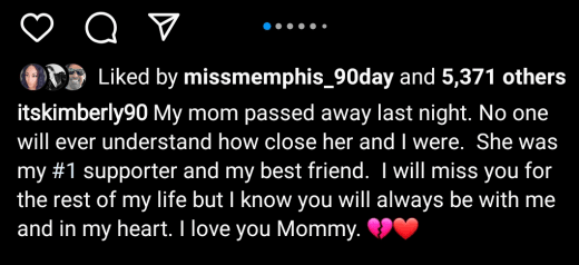 Kimberly Menzies IG shares that mom Sally died