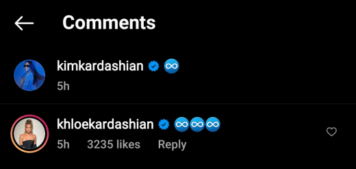 Kim Kardashian IG infinity emoji with Khloe reply