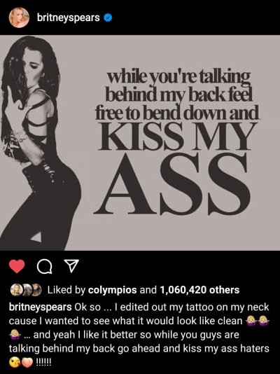 Britney Spears IG tells haters to kiss her butt