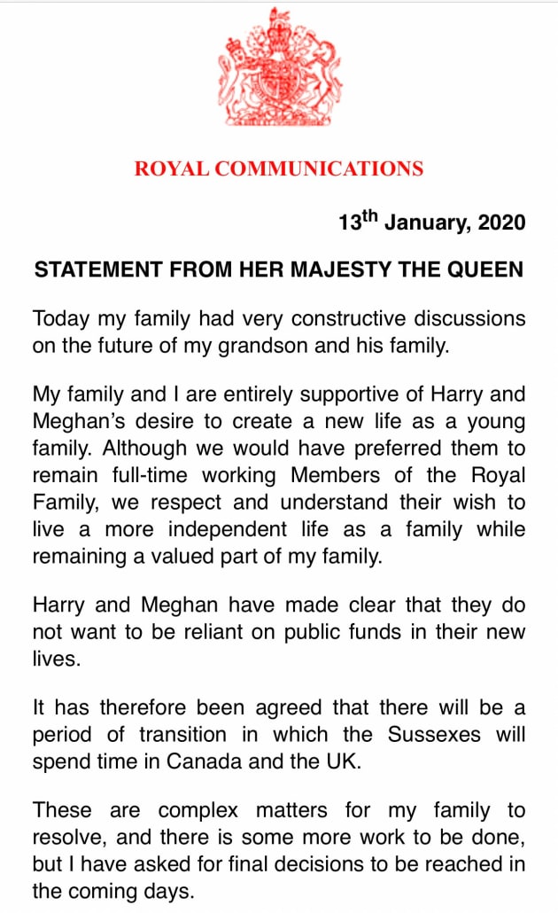 Znalezione obrazy dla zapytania A statement from Her Majesty The Queen 13th january