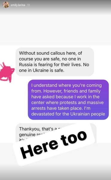 Emily Larina IG I'm devastated for the Ukrainian people
