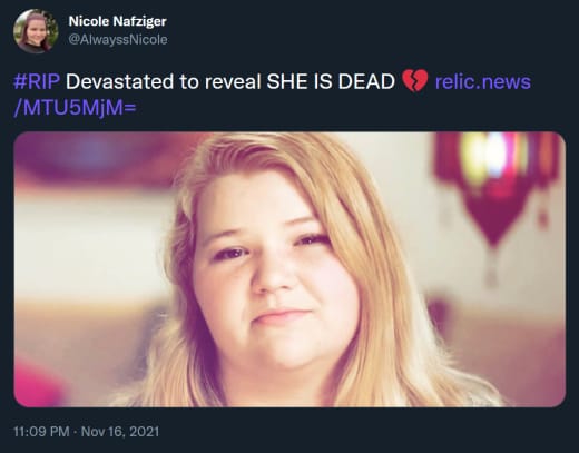 Nicole Nafziger "death" tweet November 2021