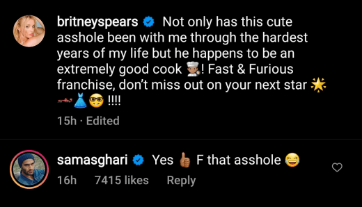 Sam Asghari IG Reply F that asshole lol